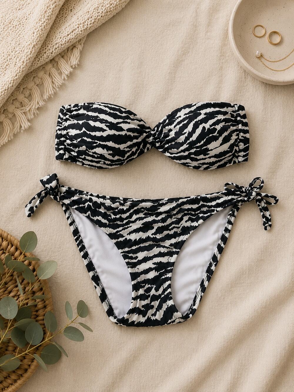 Victoria's Secret Zebra Print Twist Bandeau Bikini Top & Tie Bottom Set Size L